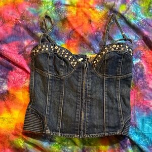 Vintage Y2K CERES Denim Dark Blue Corset w/ Silver Studded Clear Rhinestones MED